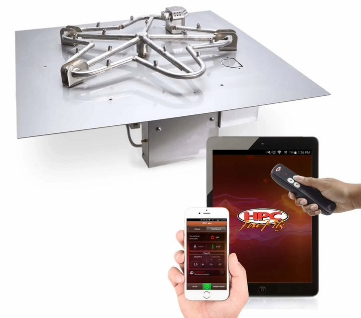HPC 18" SST Torpedo Burner Square Flat Pan Style Bluetooth EI - HI/LO Fire Pit Insert - Natural Gas Fuel