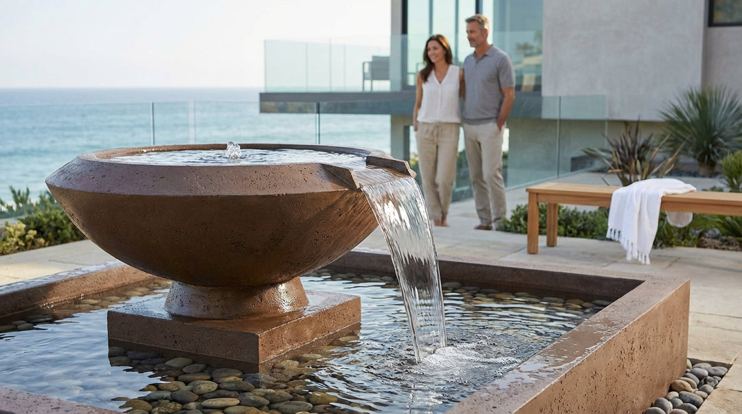 Toscano Water Bowl – 33" Elevated Outdoor Concrete Water Feature with 11" Scupper