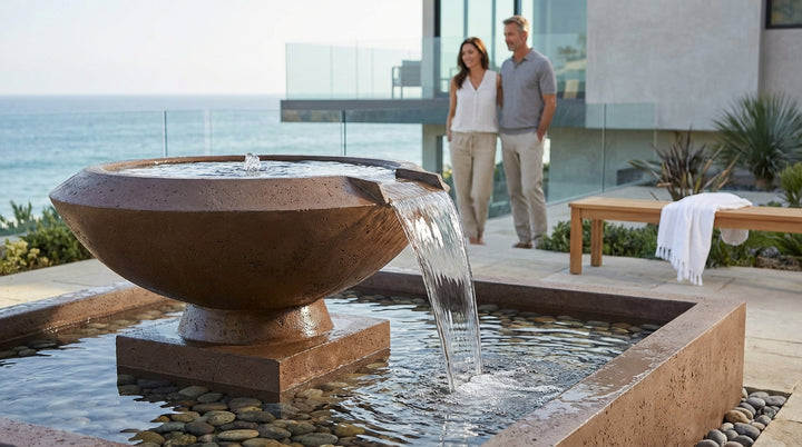 Toscano Water Bowl – 33" Elevated Outdoor Concrete Water Feature with 11" Scupper