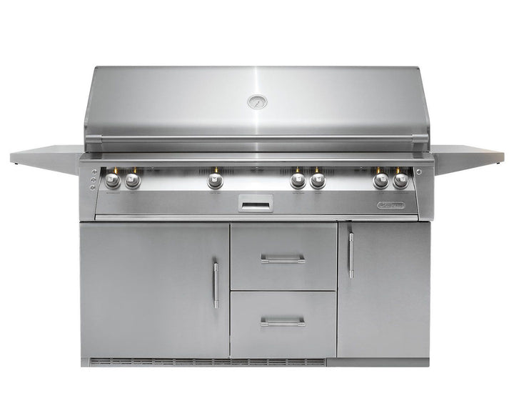 Alfresco - 56" ALXE Luxury Grill - On Refrigerated Cart - Burner, Rotis, Smoker, SearZone™, 1 Door + 2 Drawers Refrigerated, Single Storage Door