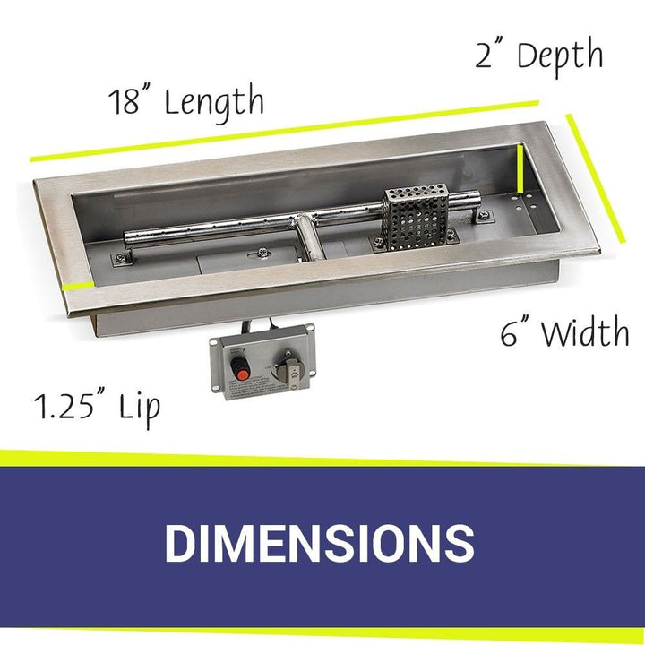 American Fire Glass 18" x 6" Rectangular Stainless Steel Drop-in Fire Pit Pan With Electric Ignition System kit, CSA Certified - Bundle