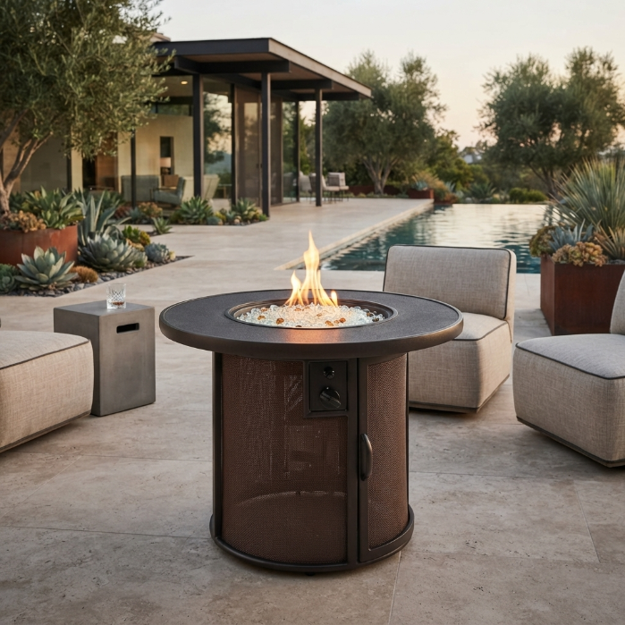 Brown Stonefire Round Gas Fire Pit Table