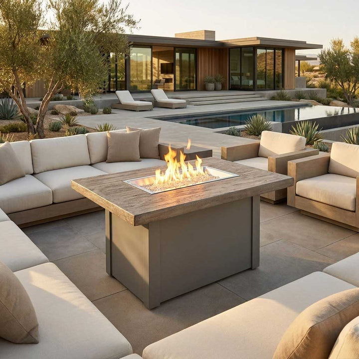 Outdoor Greatroom - Driftwood Havenwood Rectangular Gas Fire Pit Table with Grey Base