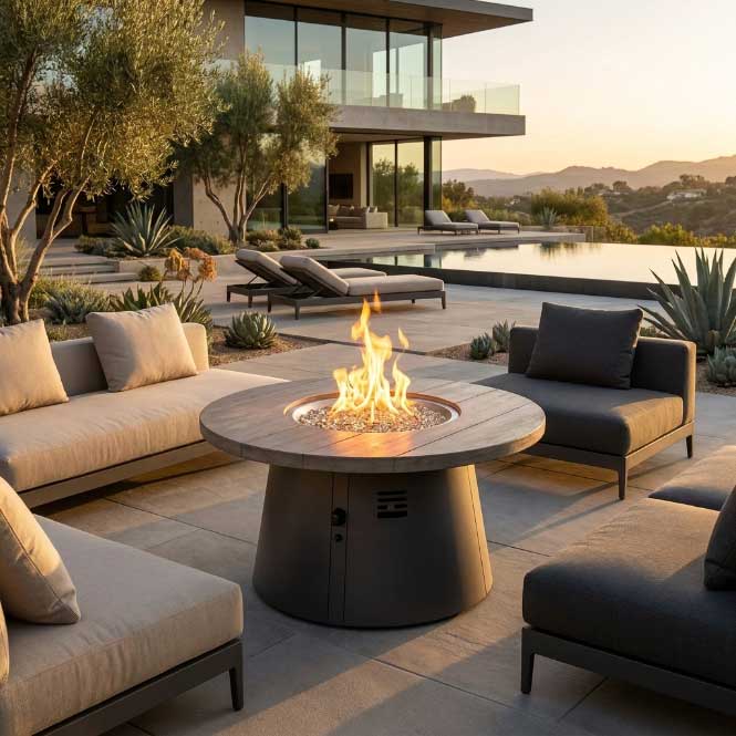 Outdoor GreatRoom Cirvalo 42" Round Gas Fire Pit Table – Smokey Oak Top & Charcoal Grey Base