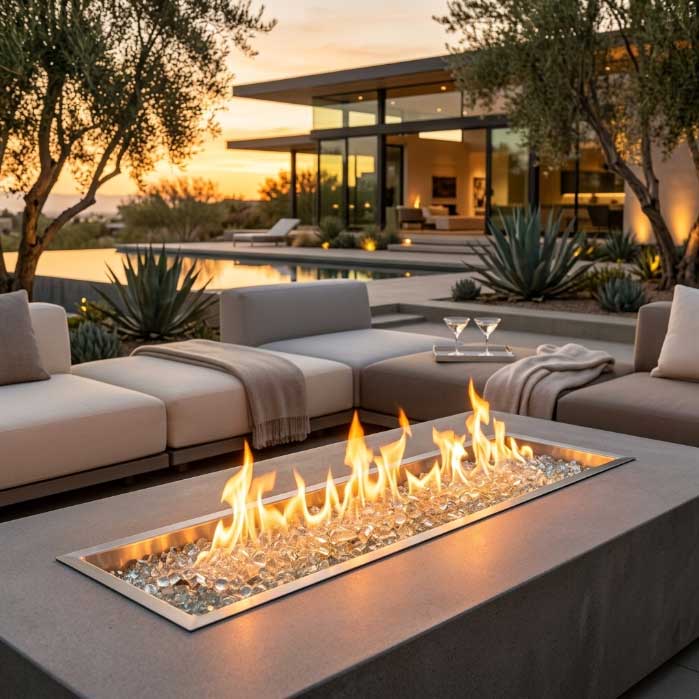 Outdoor Greatroom - 120" x 12" Linear Crystal Fire Plus Gas Burner