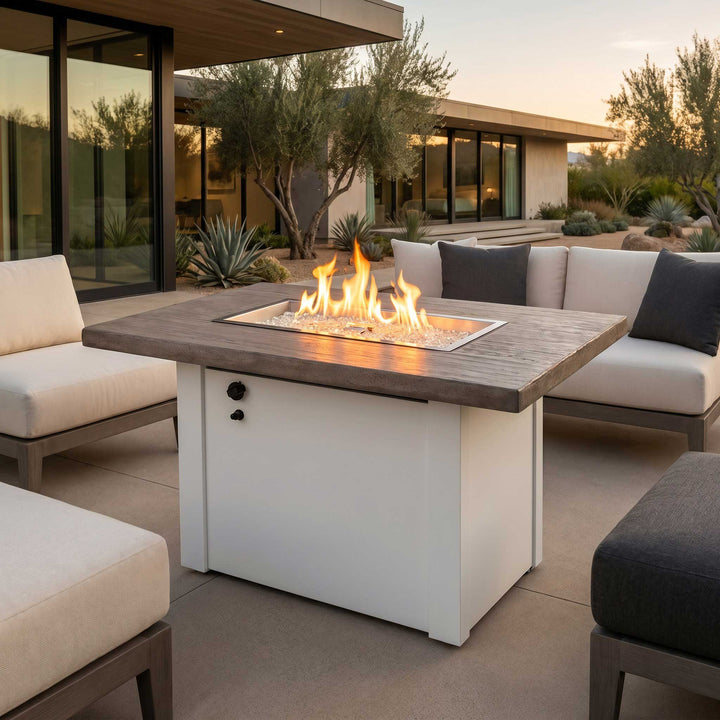 Outdoor Greatroom - Driftwood Havenwood Rectangular Gas Fire Pit Table with White Base