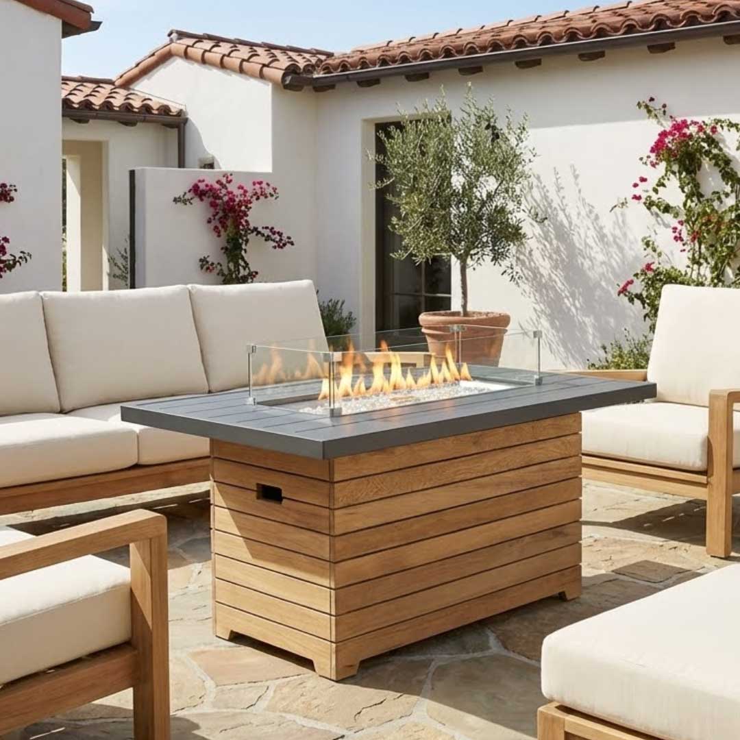 Darien Gas 42" Fire Pit Table with Teak Base & Crystal Fire® Burner