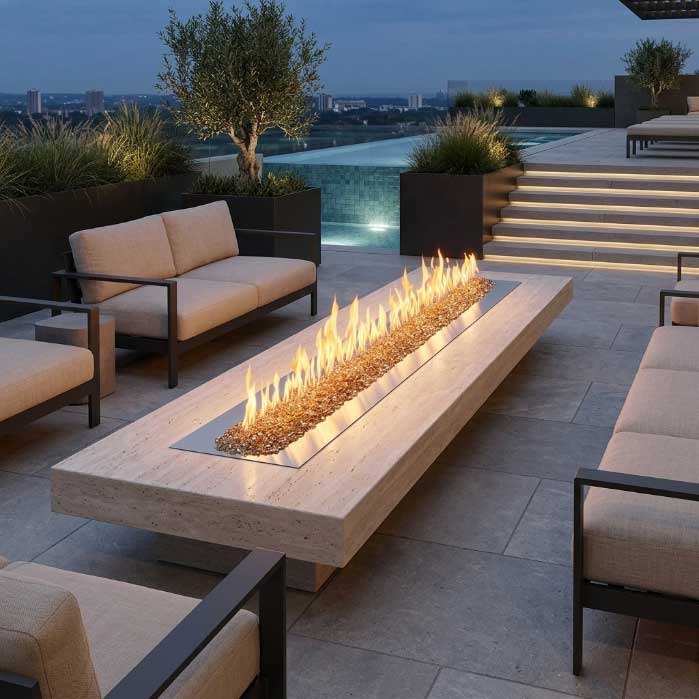 Outdoor Greatroom - 120" x 24" Crystal Fire Plus Linear Gas Fire Pit Burner Plate
