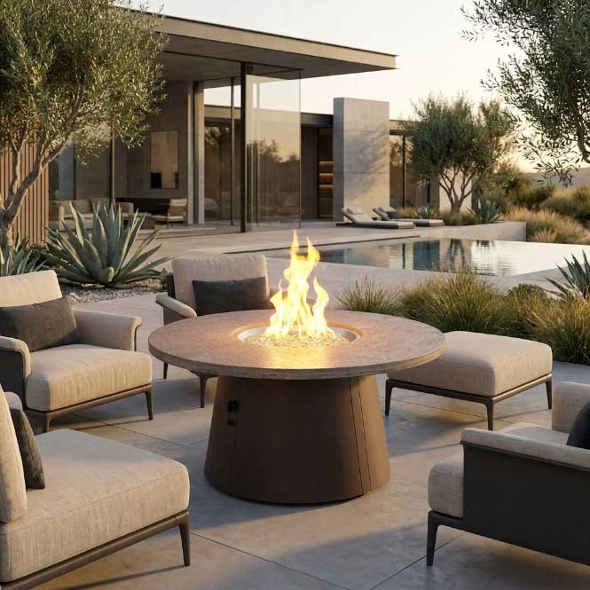 Outdoor GreatRoom Cirvalo 48" Round Gas Fire Pit Table – Fossil Brown Top & Brown Base