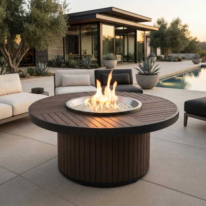 Kenwood and Brooks Round Chat Height Umber Brown Gas Fire Pit Table - 41.77" x 23.34"
