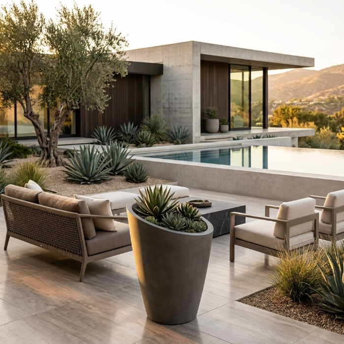 Roma Planter – Modern Sloped Concrete Pot for Elegant Outdoor and Indoor Spaces