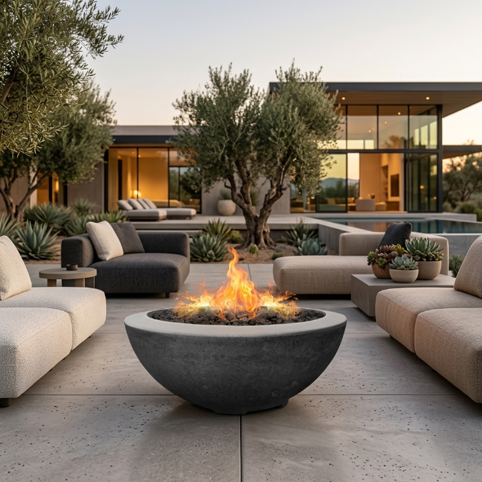 Moderno 2 Fire/Water Bowl – 29" Compact Concrete Poolside Fire & Water Feature (65,000 BTUs, Natural Gas or Propane)
