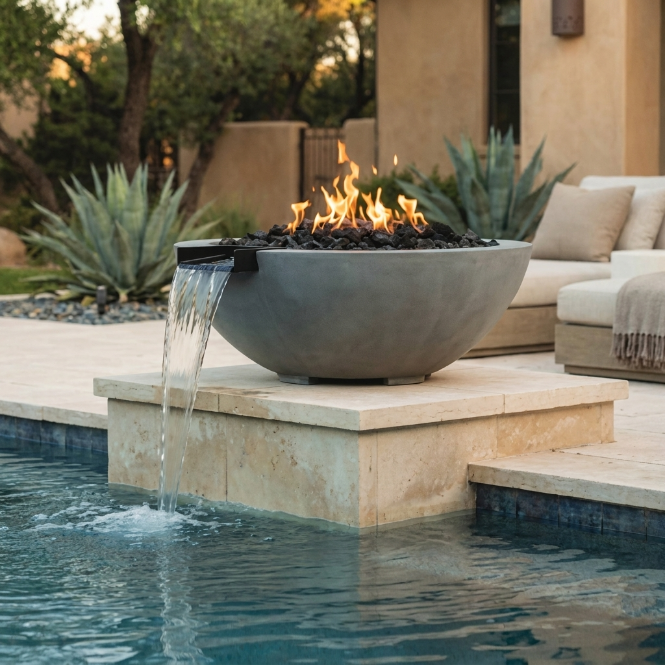 Moderno 2 Fire/Water Bowl – 29" Compact Concrete Poolside Fire & Water Feature (65,000 BTUs, Natural Gas or Propane)