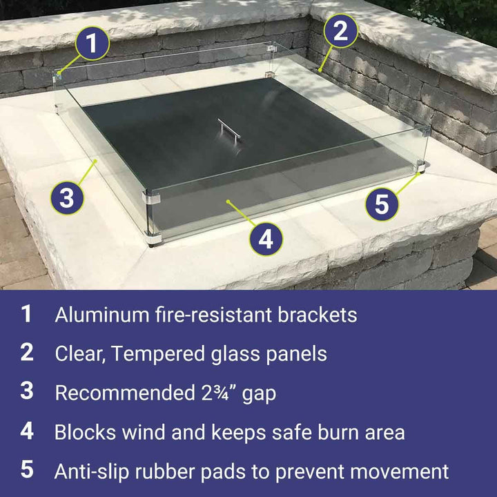 American Fire Glass FG-SQP-36 Fire Pit Glass Flame Wind Guard Square, 41.5x41.5-Inch