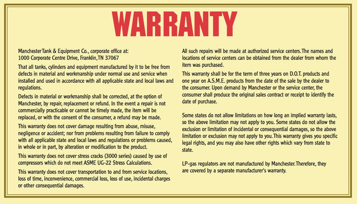 Manchester Tank 6.8 Gallon (30 lb.) Vertical Propane Tank - Multiple Valve Options