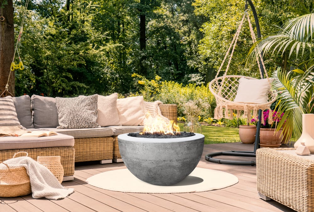 Moderno 3 Fire Bowl, 30" Round GFRC Outdoor Gas Fire Pit, Pewter Finish, 65,000 BTU