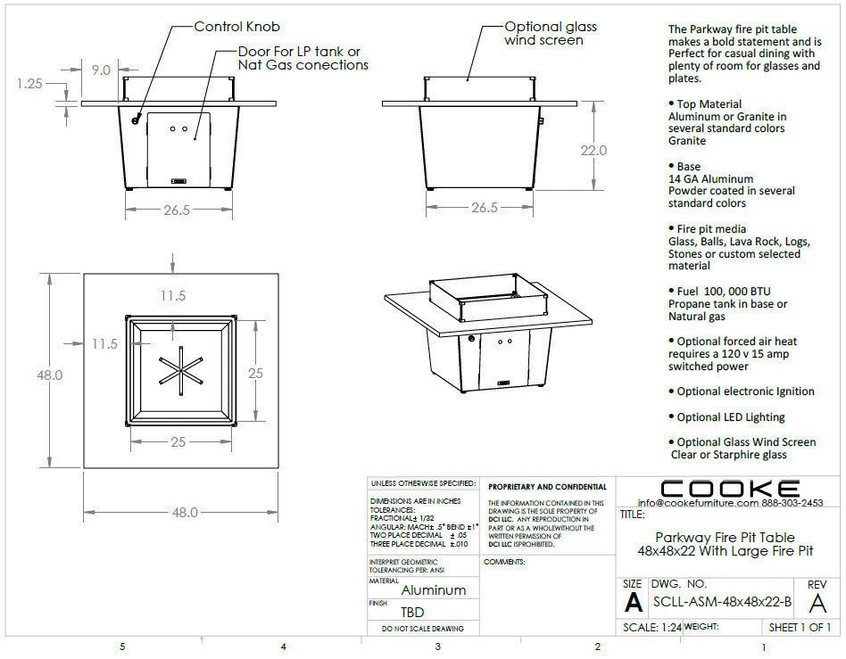 COOKE Parkway Fire Pit Table 48" x 48" x 21" x 3cm Stone Top Lg Pan