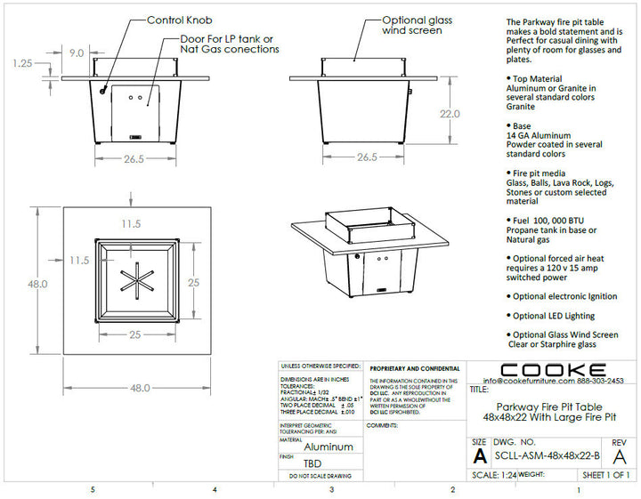 COOKE Parkway Fire Pit Table 48" x 48" x 21" x 3cm Stone Top Lg Pan