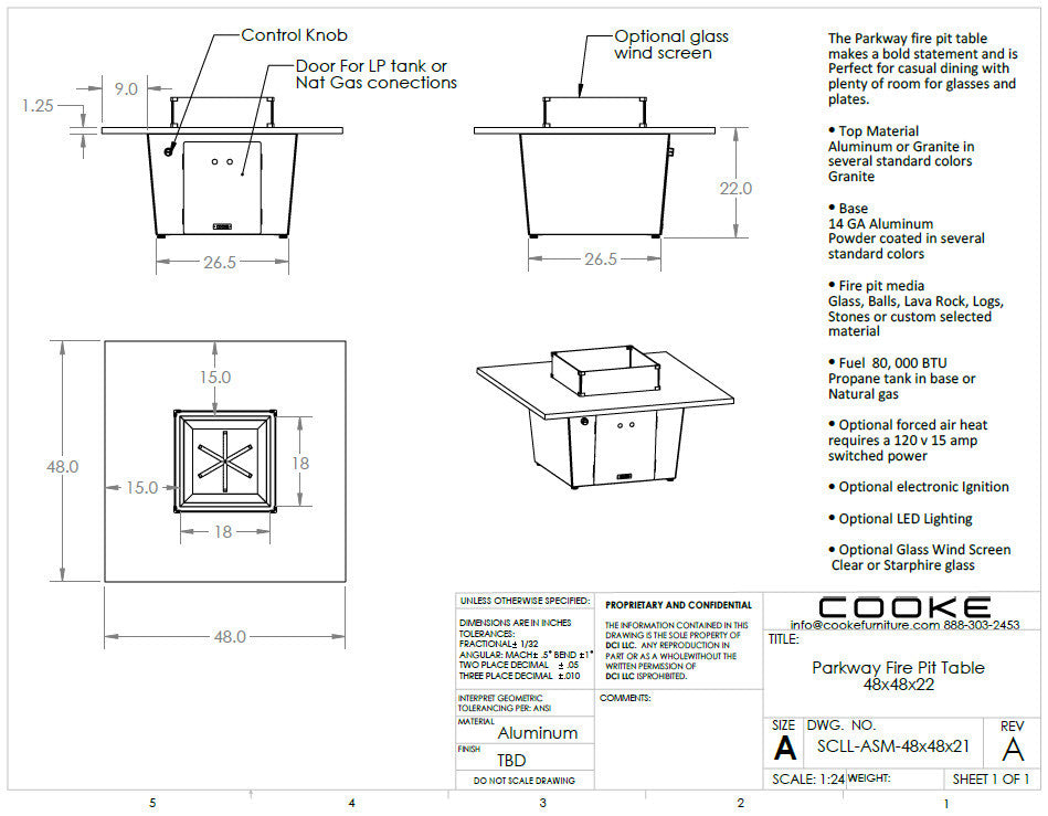 COOKE Parkway Fire Pit Table 48" x 48" x 21" x 3cm Stone Top Sm Pan