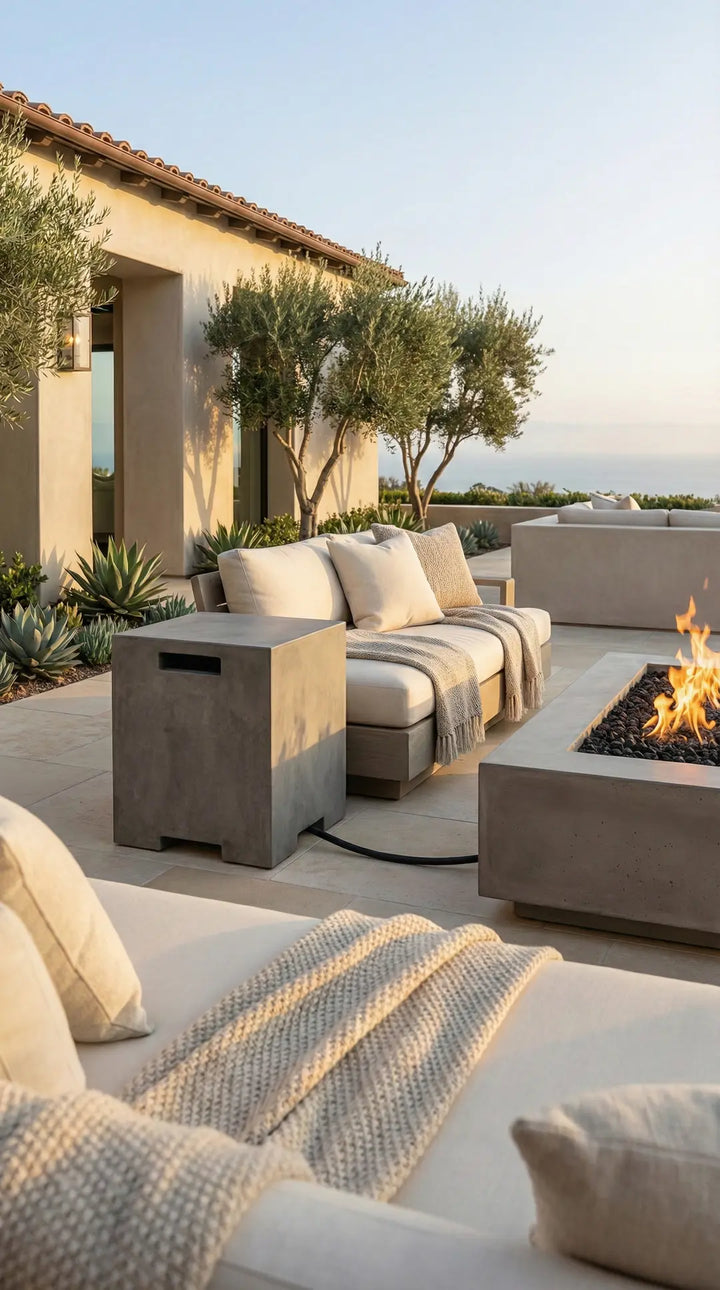 Moderno 3 Fire Bowl, 30" Round GFRC Outdoor Gas Fire Pit, Pewter Finish, 65,000 BTU