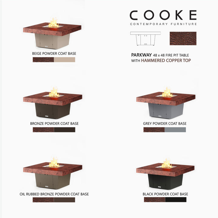 COOKE Parkway Fire Pit Table 48" x 48" x 21" - Hammered Copper Top