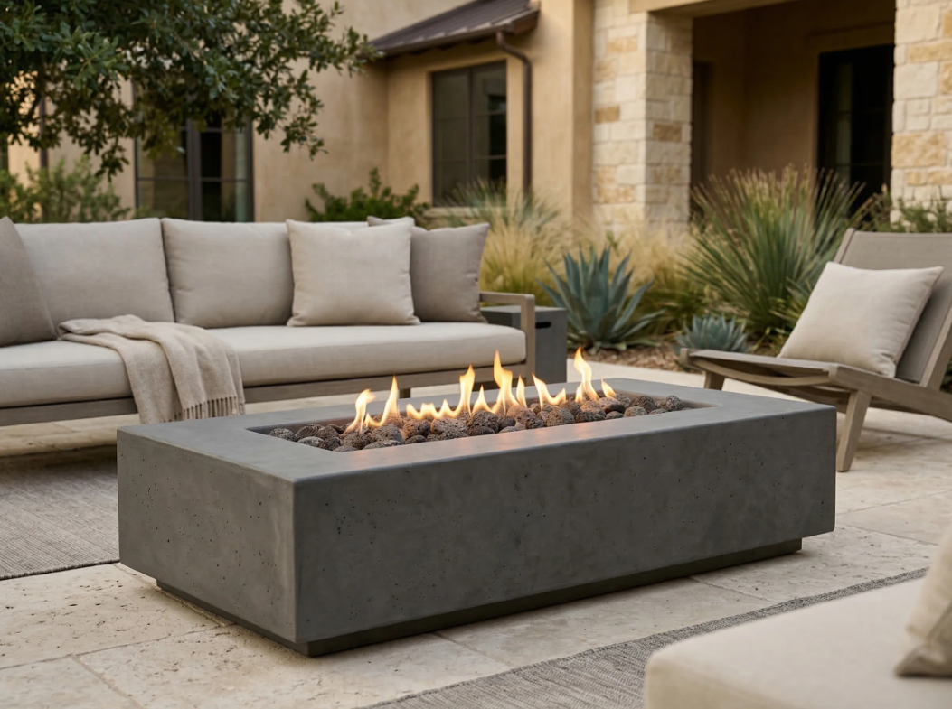 Tavola 4 Fire Table – 38" x 66" Rectangular GFRC Fire Table (Pewter & Natural Finishes)