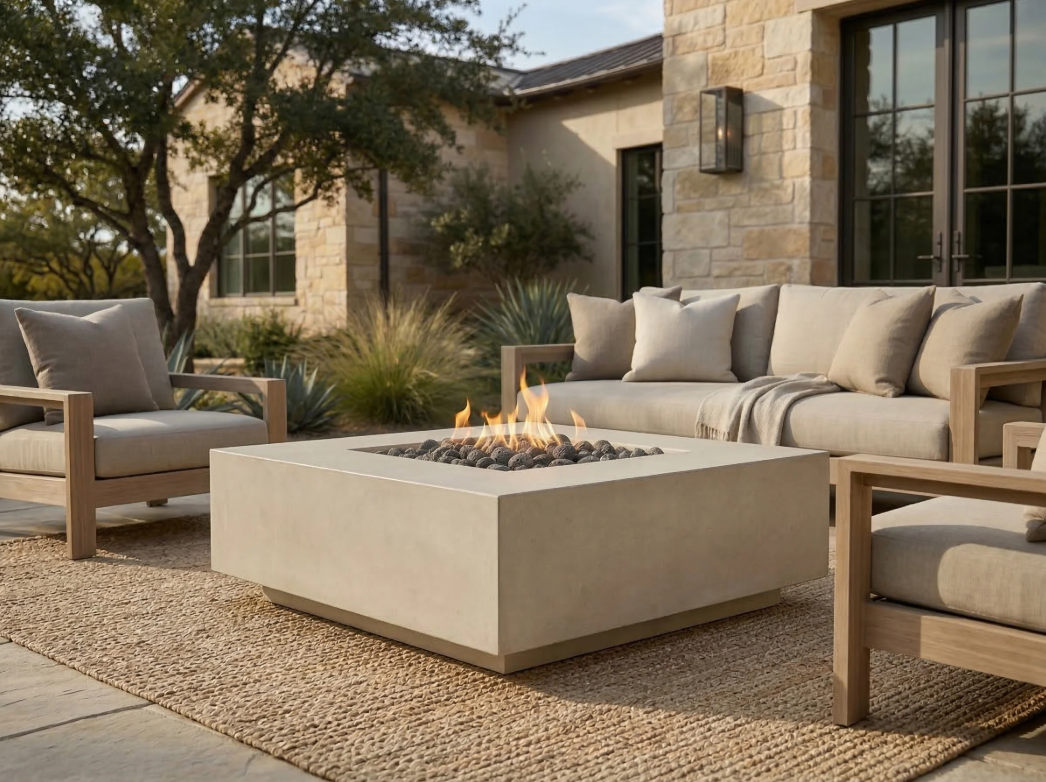 Tavola 42 Fire Table – 42" Square GFRC Fire Table (Pewter & Natural Finishes)