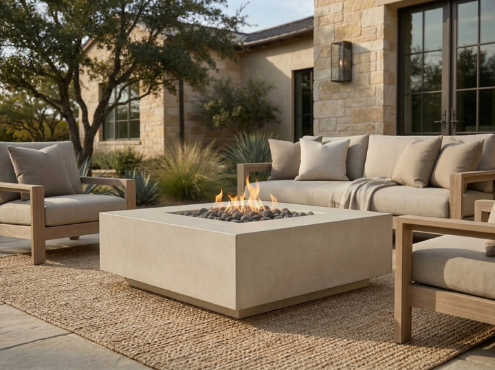 Tavola 42 Fire Table – 42" Square GFRC Fire Table (Pewter & Natural Finishes)