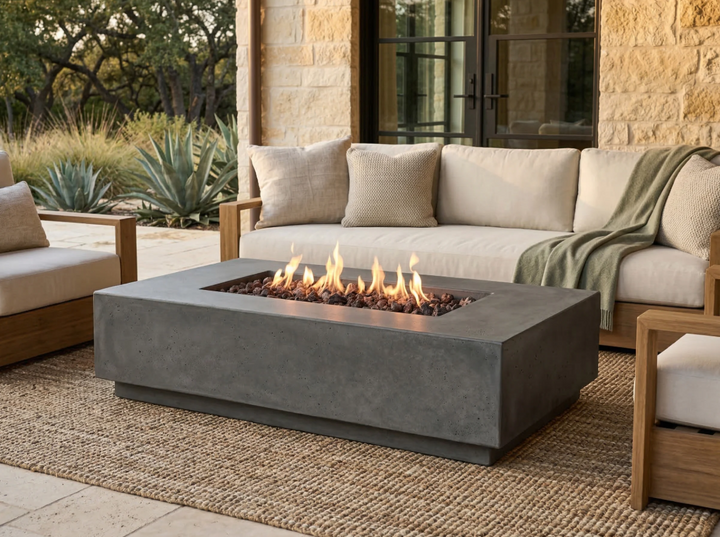 Tavola 8 Fire Table – 32" x 60" Rectangular GFRC Fire Table (Pewter & Natural Finishes)