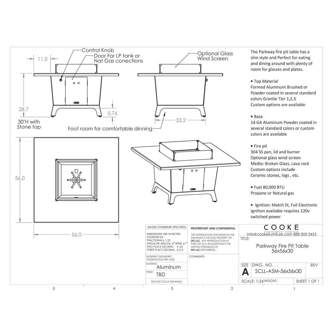 COOKE Parkway Fire Pit Table 56" x 56" x 30"  - Stone Top