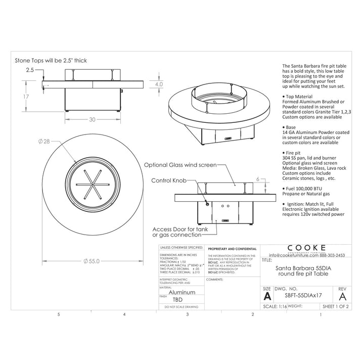COOKE Santa Barbara Fire Pit Table 55" Diameter x 17" - Aluminum Top